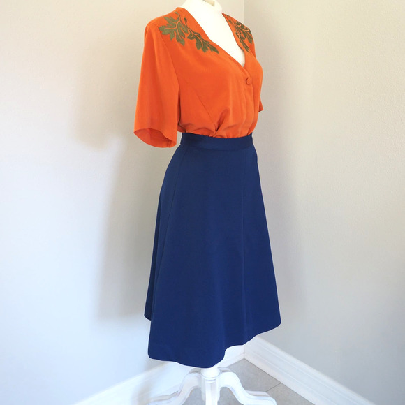 70s Vintage Blue Midi‎ Skirt High Waisted Full Shape Size 2/3 Waist 26 - Picture 2 of 11